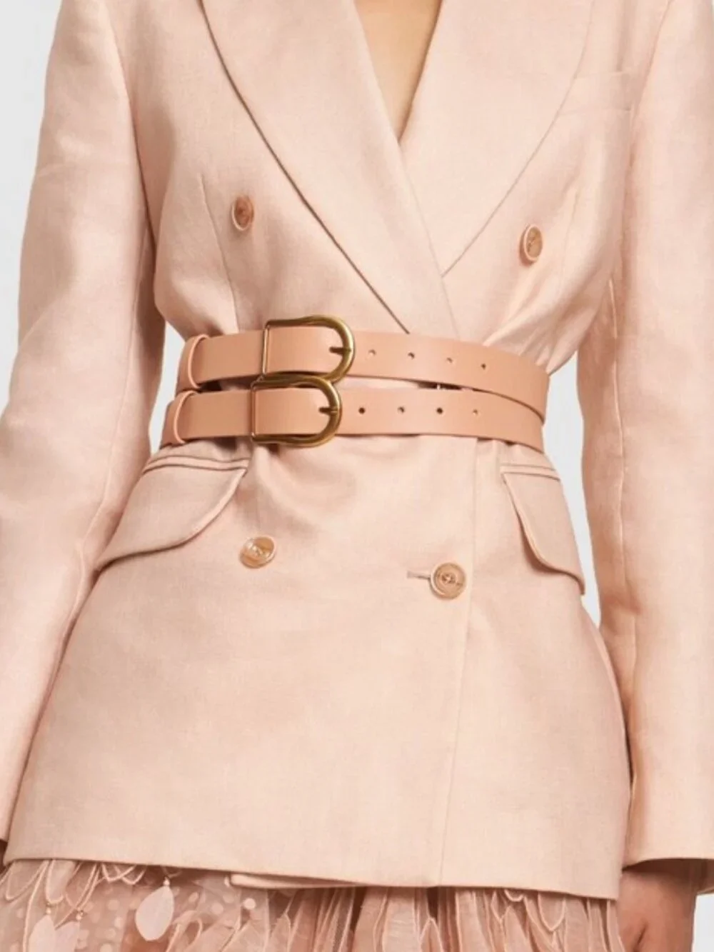 ZIMMERMANN Lvr Exclusive Double Buckle Leather Belt in Soft Peach Size M/L NWT